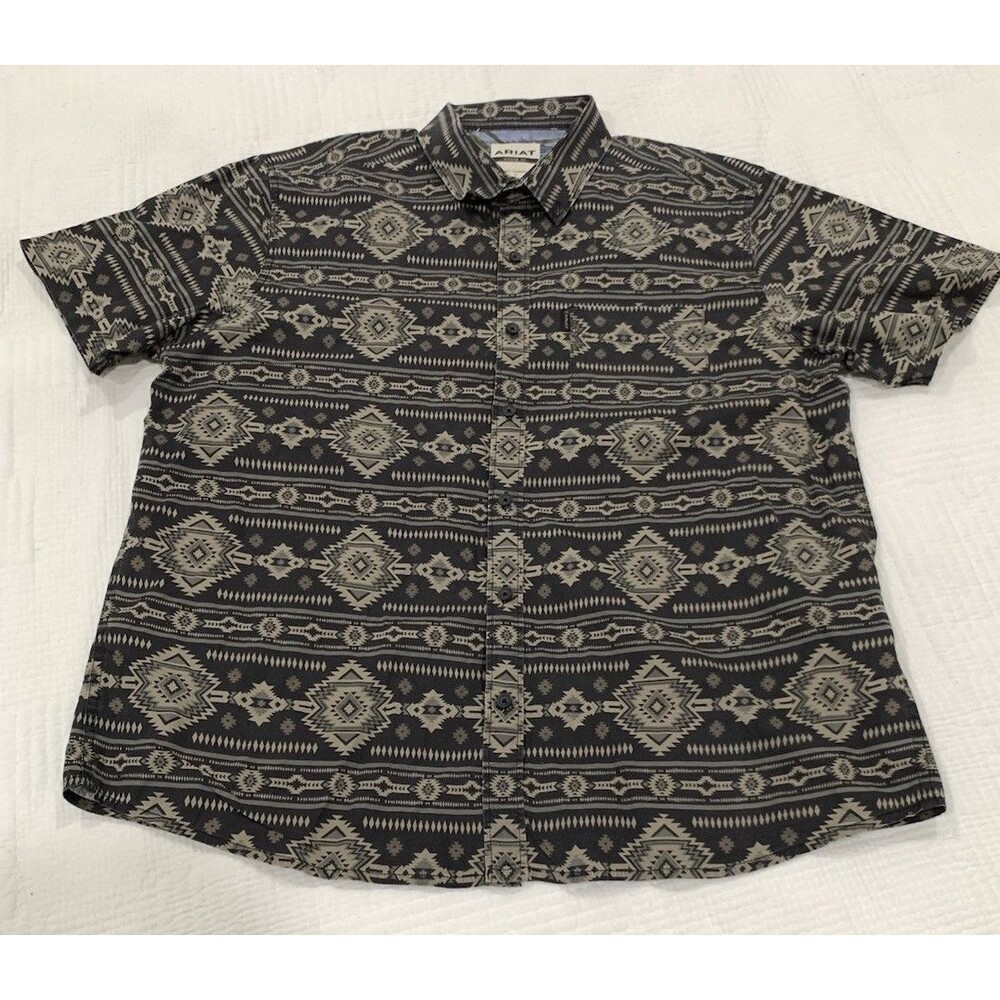 ARIAT Shirt Mens XL Black Aztec Print Short Sleeve Button Up Casual Western AOP
